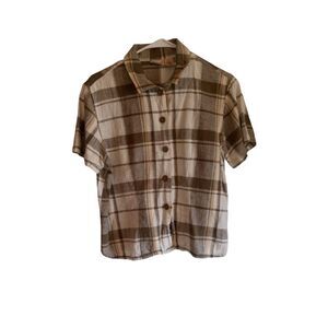 Crossroads Women's Linen Blend Brown Plaid Crop Button Up Short Sleeve T…